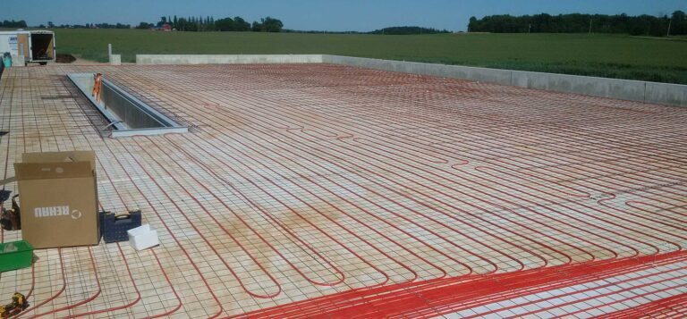 A commercial installation of hydronic infloor heating